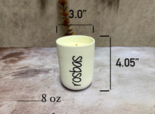 Load image into Gallery viewer, rosbas, scented candles, soy wax, 8 oz white ceramic jar, handmade USA
