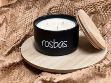 Load image into Gallery viewer, Rosbas Scented Candle, soy wax, black ceramic bowl with lid, 11 oz, Handmade USA