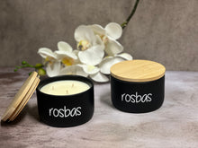 Load image into Gallery viewer, Rosbas Scented Candle, soy wax, black ceramic bowl with lid, 11 oz, Handmade USA
