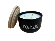 Load image into Gallery viewer, Rosbas Scented Candle, soy wax, black ceramic bowl with lid, 11 oz, Handmade USA