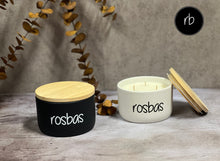 Load image into Gallery viewer, Rosbas Scented Candle, soy wax, black and white ceramic bowl with lid, 11 oz, Handmade USA