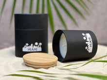 Load image into Gallery viewer, Rosbas, Miami breeze candle, souvenir, 7 oz gifted, black jar with wooden lid
