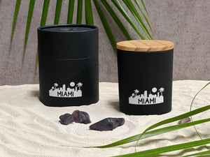 Rosbas, Miami breeze candle, souvenir, 7 oz gifted, black jar with wooden lid