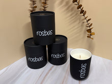 Load image into Gallery viewer, rosbas, scented candles, soy wax, 8 oz black ceramic jar, handmade USA