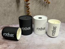 Load image into Gallery viewer, rosbas, scented candles, soy wax, 8 oz white ceramic jar, handmade USA