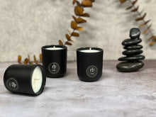 Load image into Gallery viewer, Rosbas Votive Gift Set, Scented Soy Candles, Trio x 2.5 oz, Black jars, handmade in USA
