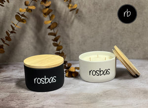 Rosbas Scented Candle, soy wax, black and white ceramic bowl with lid, 11 oz, Handmade USA