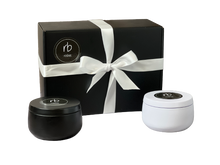 Load image into Gallery viewer, Rosbas Gift Set scented soy candles, metallic tins, black and white
