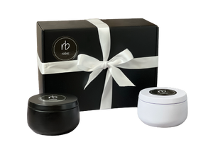 Rosbas Gift Set scented soy candles, metallic tins, black and white