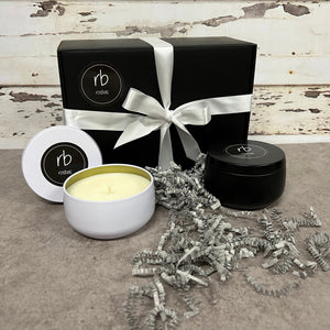 rosbas candles gift sets, black and white, home, tins, 6 oz